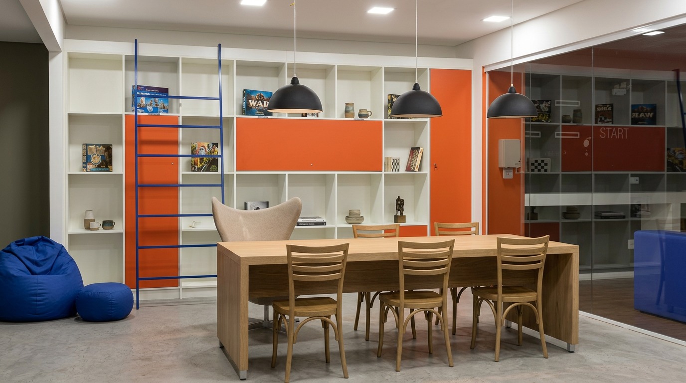 Espaço de descompressão corporativo com estante modular e cores vibrantes — Trioh Marcenaria, Curitiba